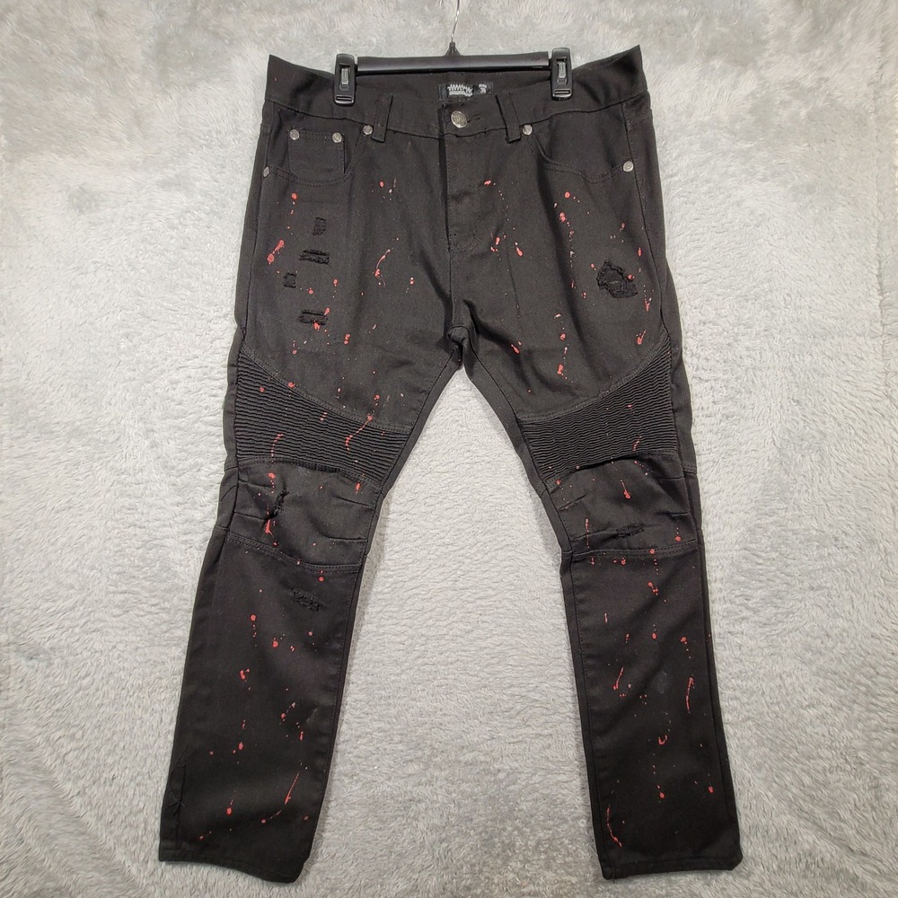 Trestles Supply Co Biker Jeans Mens 38 Black Red Paint Splatter Distressed Moto